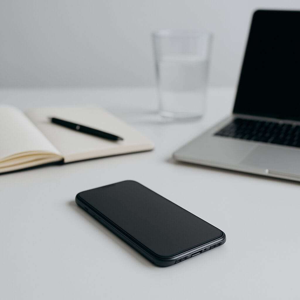 Minimalist workspace with a black smartphone set aside, open notebook, and laptop — symbolizing focus reclaimed from social media.