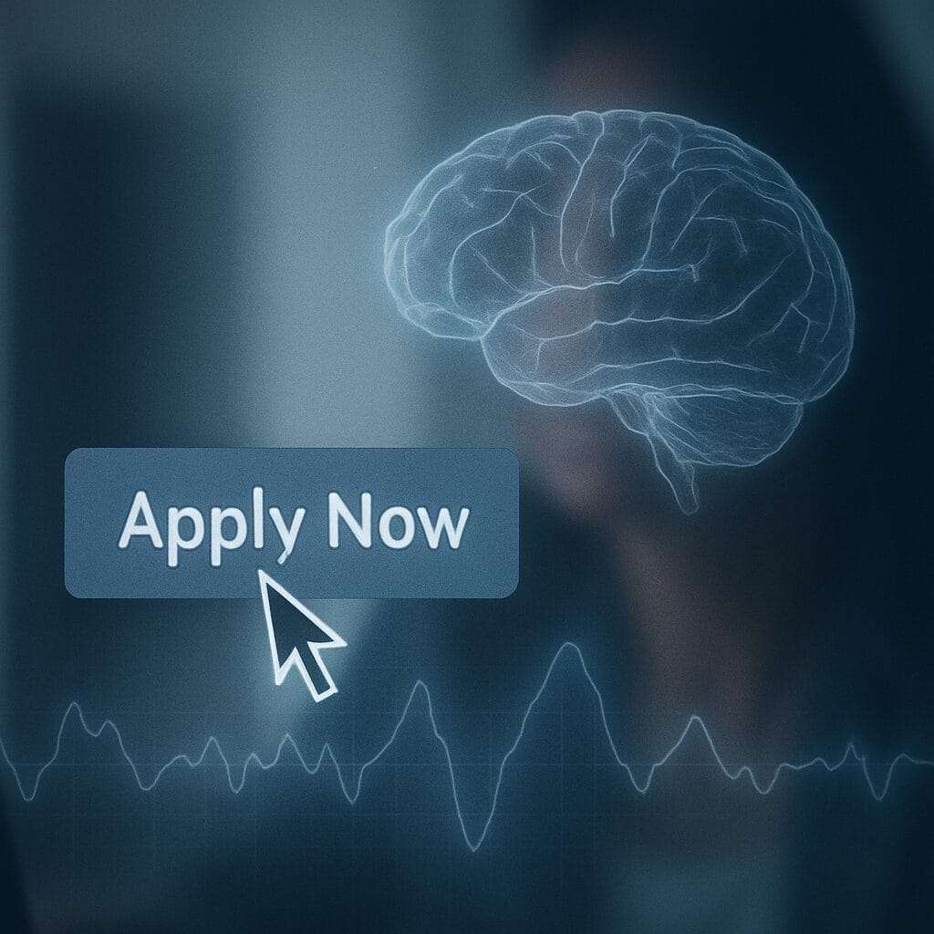 A computer screen displays a glowing "Apply Now" button with a white cursor hovering over it. Overlaid on the image is a translucent outline of a human brain and a subtle EEG waveform, symbolizing the neurological tension between hesitation and readiness in trauma-informed decision-making.
