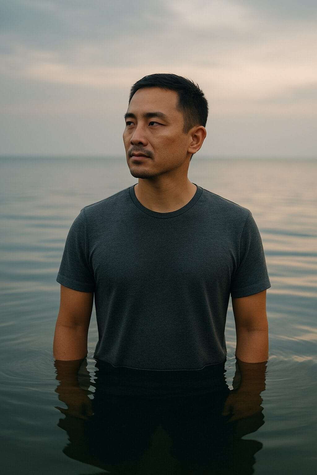 An Asian man in his late 30s stands calmly in reflective water—emotionally grounded, present, and undisturbed.