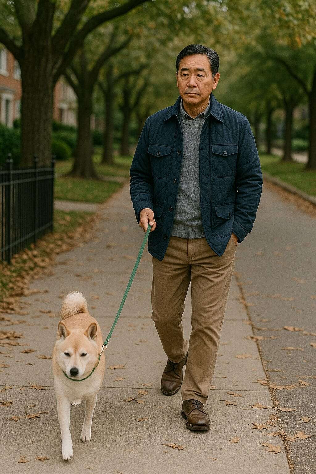 Asian man walking his dog through a park at sunset—stoic, unsmiling, with headphones in—but the leash is gripped tightly, and his face is locked in thought.