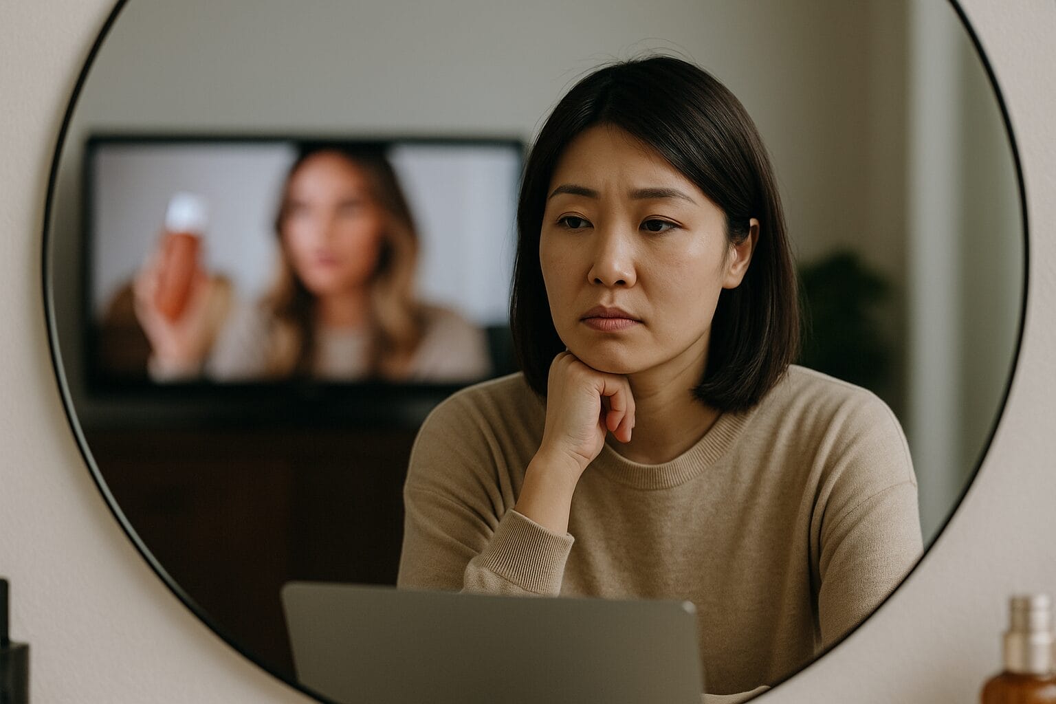 Asian woman in her 30s staring blankly into a mirror, with a TV behind her displaying a glamorous influencer, symbolizing emotional disconnection and comparison fatigue.
