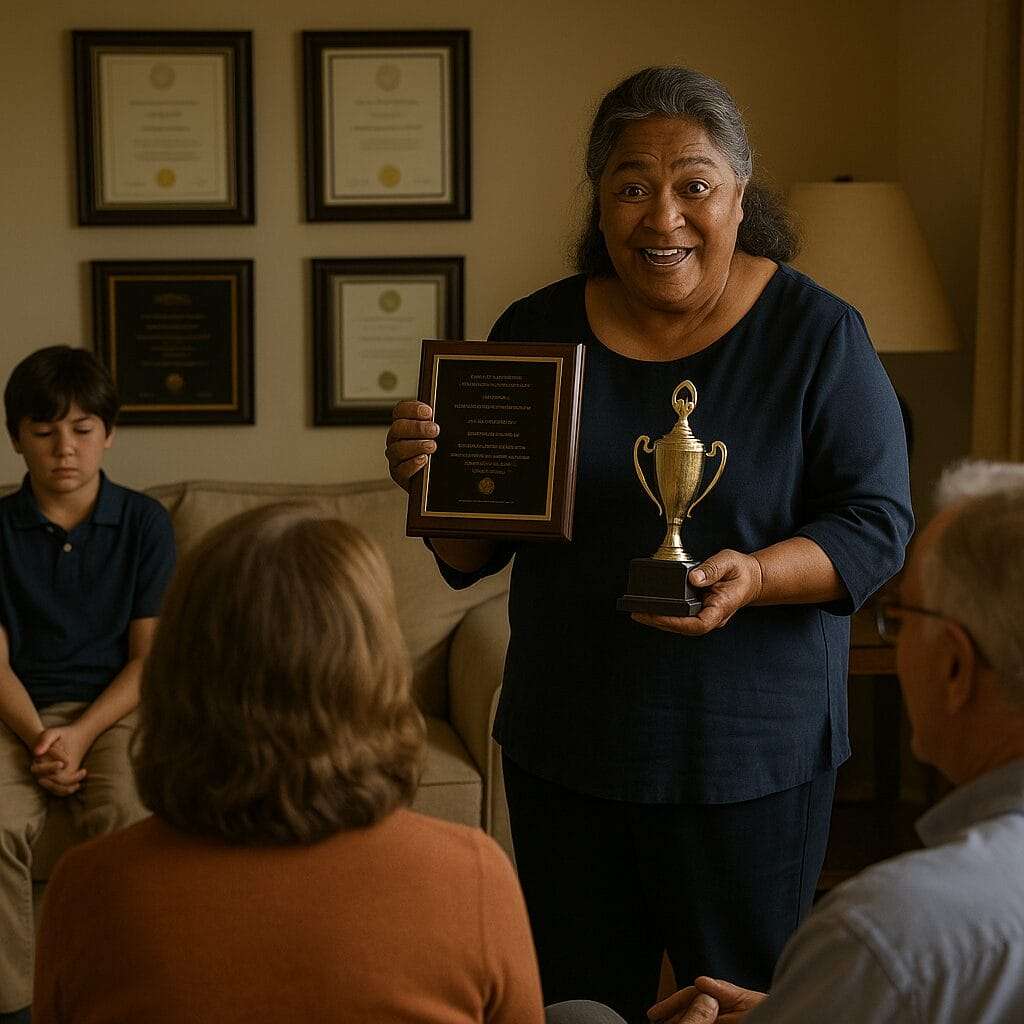 Pacific Islander grandmother proudly displays family awards while a child quietly shrinks into the background—capturing the hidden emotional cost of performance-based validation.