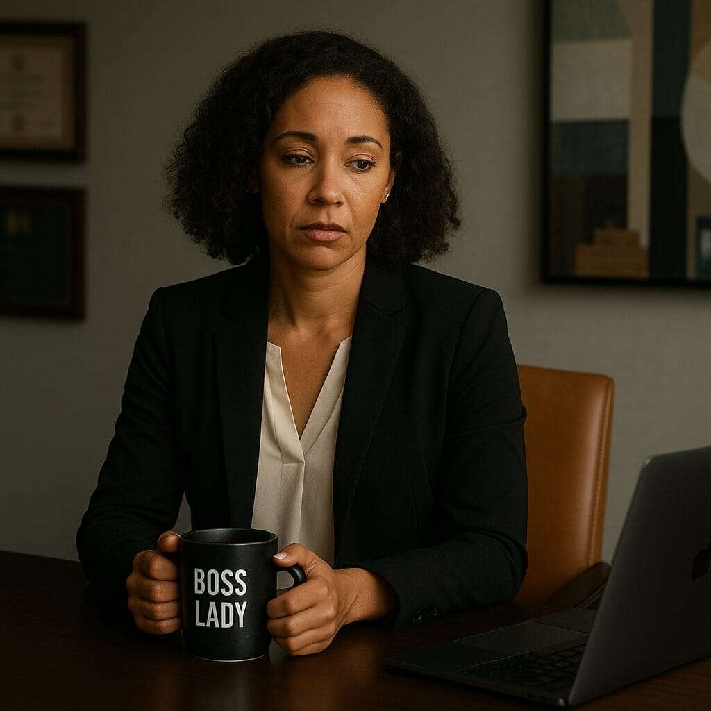 A biracial professional woman sits alone in a high-end office, visibly exhausted behind a composed exterior—capturing the hidden emotional toll of being “the strong one.”