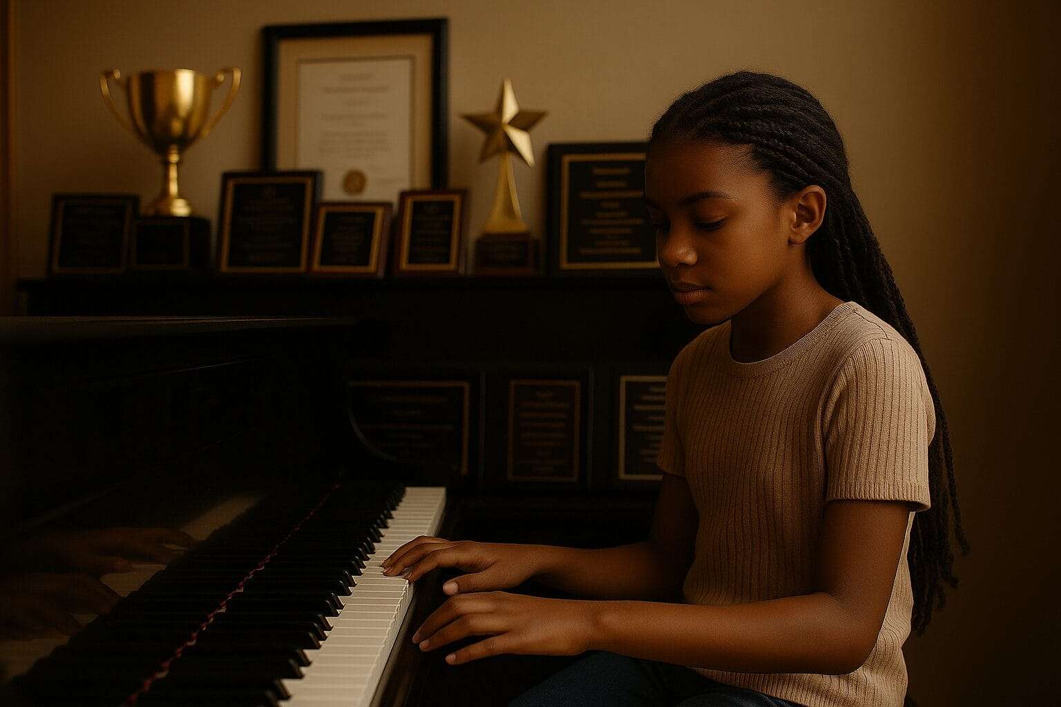 A young Black girl plays the piano surrounded by an overwhelming number of trophies and awards, symbolizing childhood performance-based identity.