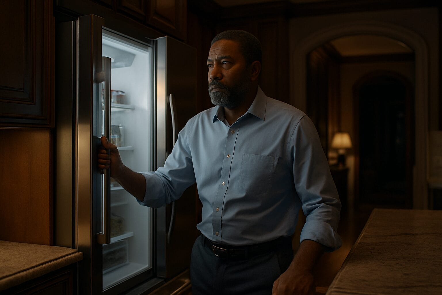 Black man in his 40s wearing work clothes stands in front of an open refrigerator in a luxury kitchen at night, staring blankly ahead with a worn, distant expression.