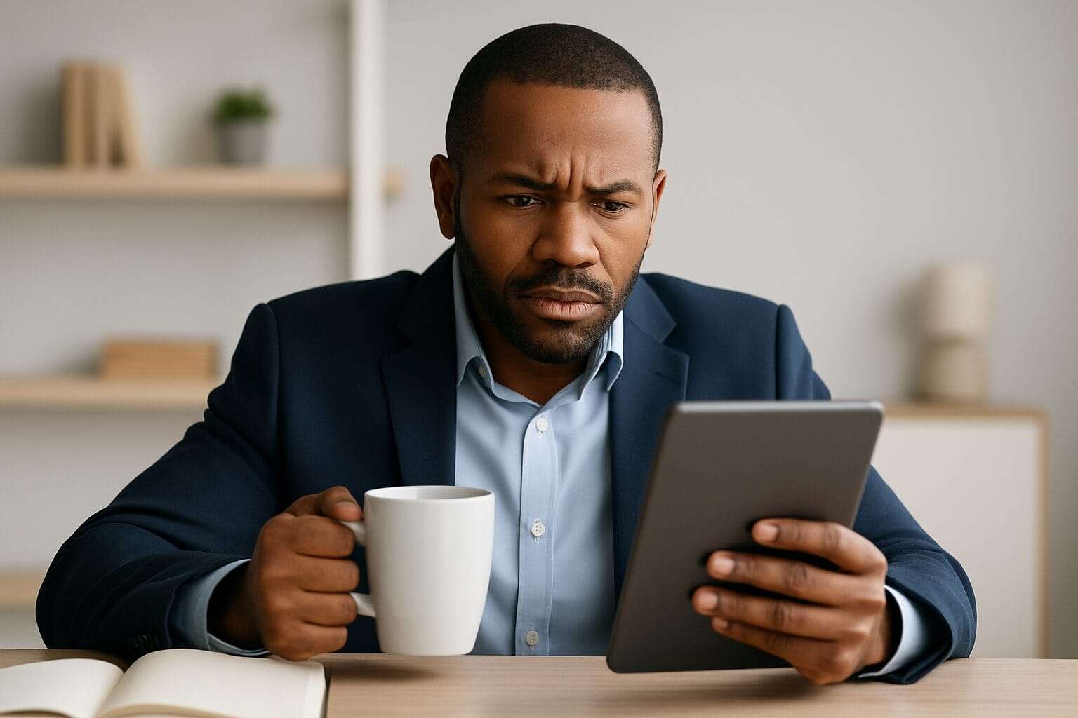 High-performing man reviewing a screen with visible tension in his posture, reflecting quiet control and hidden anxiety.