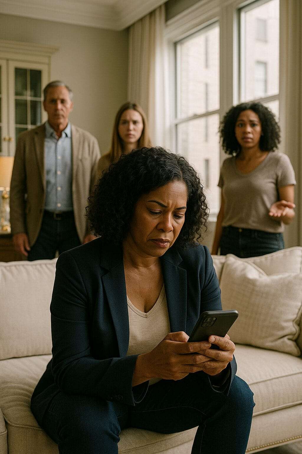 African American executive woman in her 40s, dressed in casual businesswear, sitting in a luxury living room, staring intently at her phone while others around her look concerned.