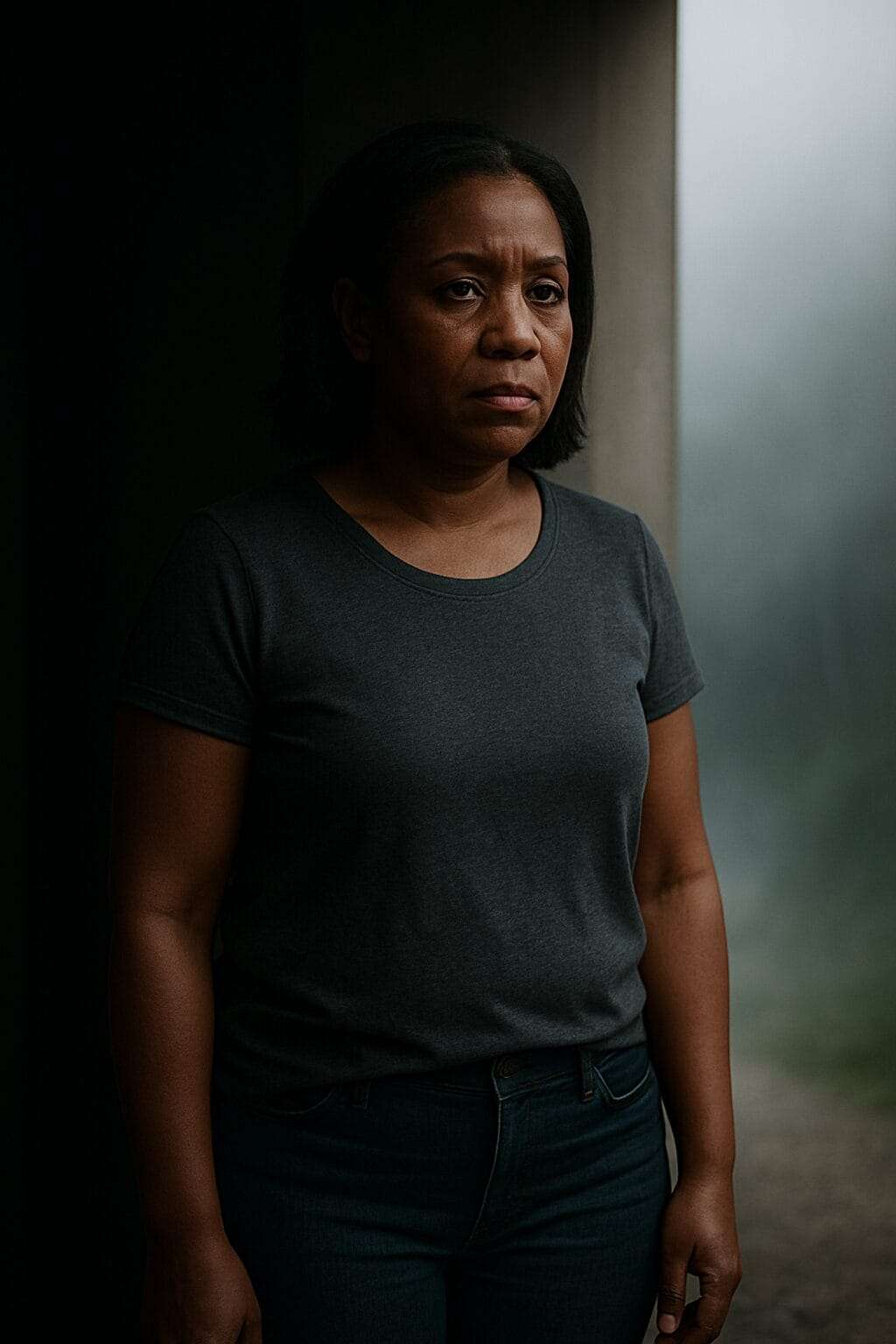 Black woman in her 50s standing between light and shadow, symbolizing identity transformation and emotional emergence