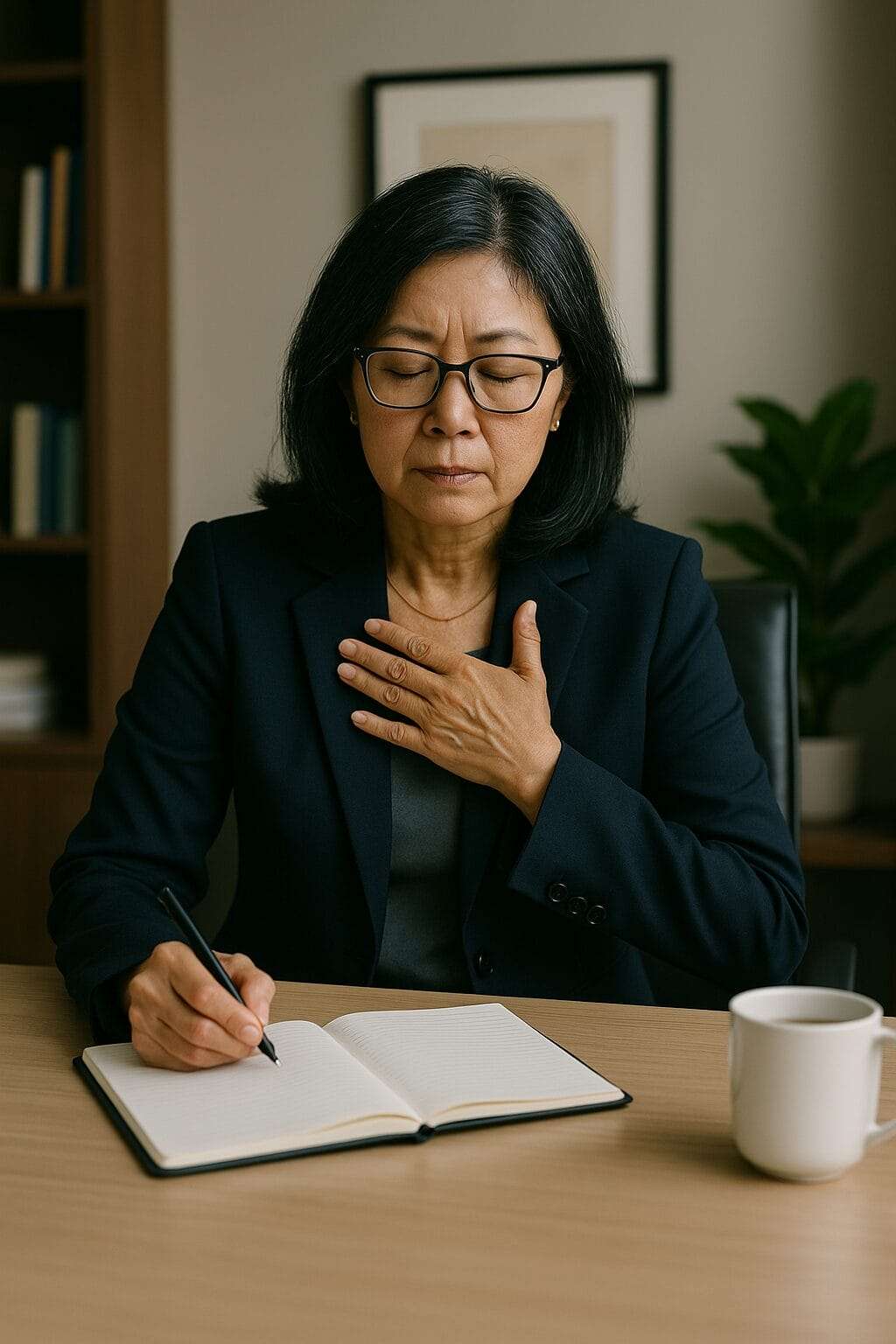 Middle-aged Asian woman leader in private office writing in notebook with hand on chest — symbolizing honest reflection before sharing vulnerably.