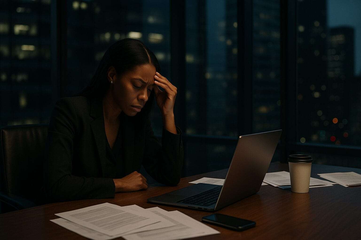 Exhausted high-performing Black woman working late at conference table, city lights behind her