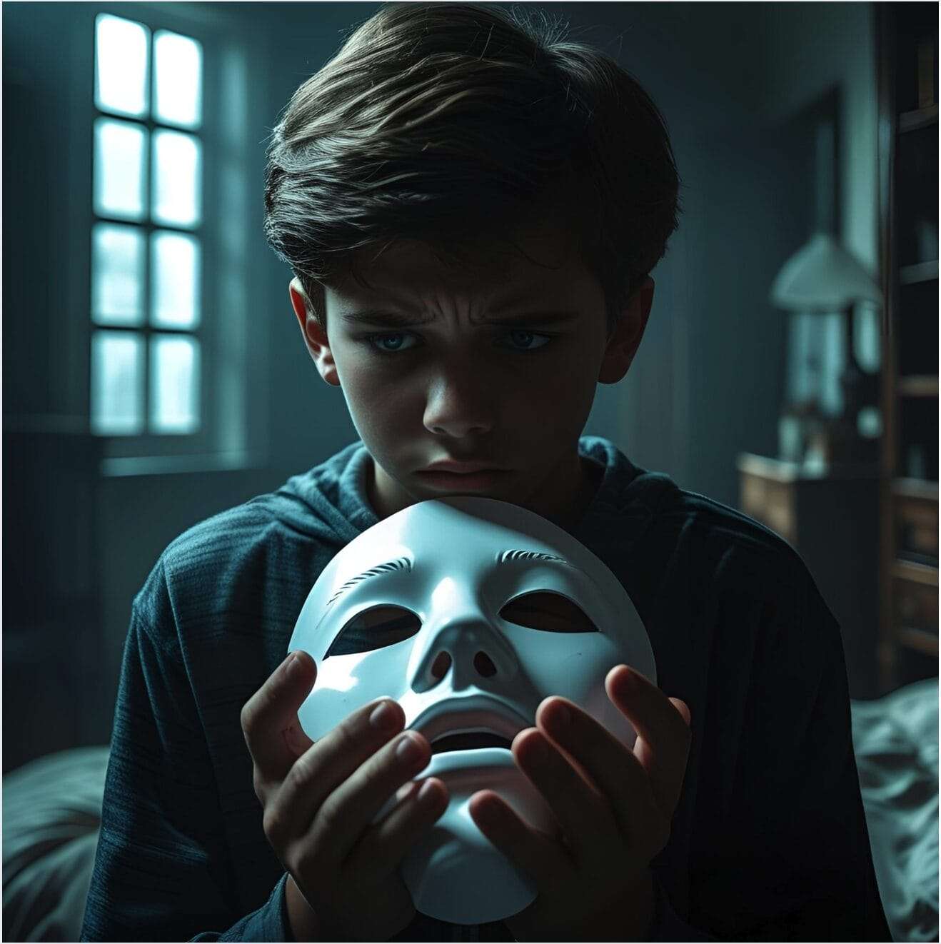 boy with a mask in his hands—looking at it like he’s unsure which version of himself is allowed.