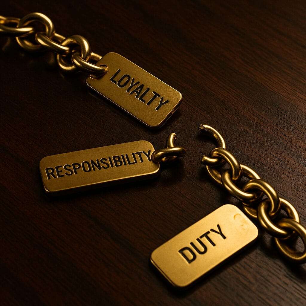 Broken gold chain with engraved tags loyalty duty responsibility on mahogany desk symbolizing leadership bondage