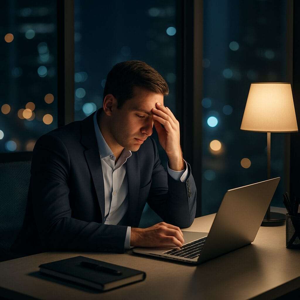 Man sitting alone at a desk, head slightly bowed — body language says pressure + isolation, not defeat.