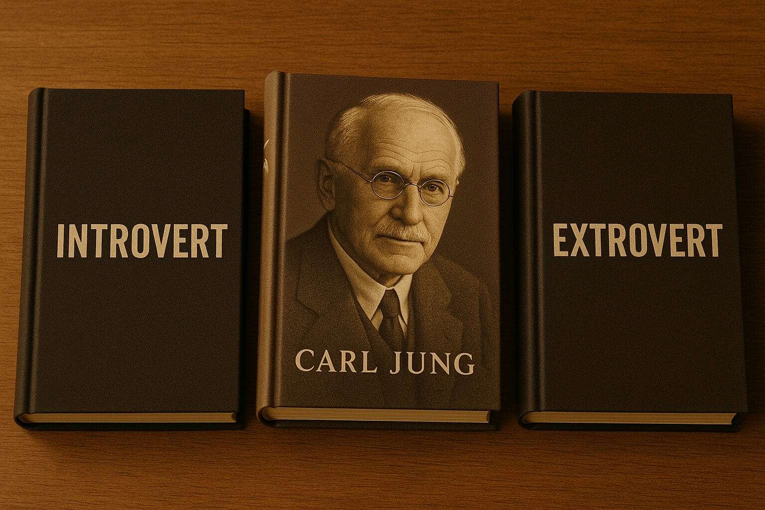 Three hardcover books titled Introvert, Carl Jung, and Extrovert on a wooden surface
