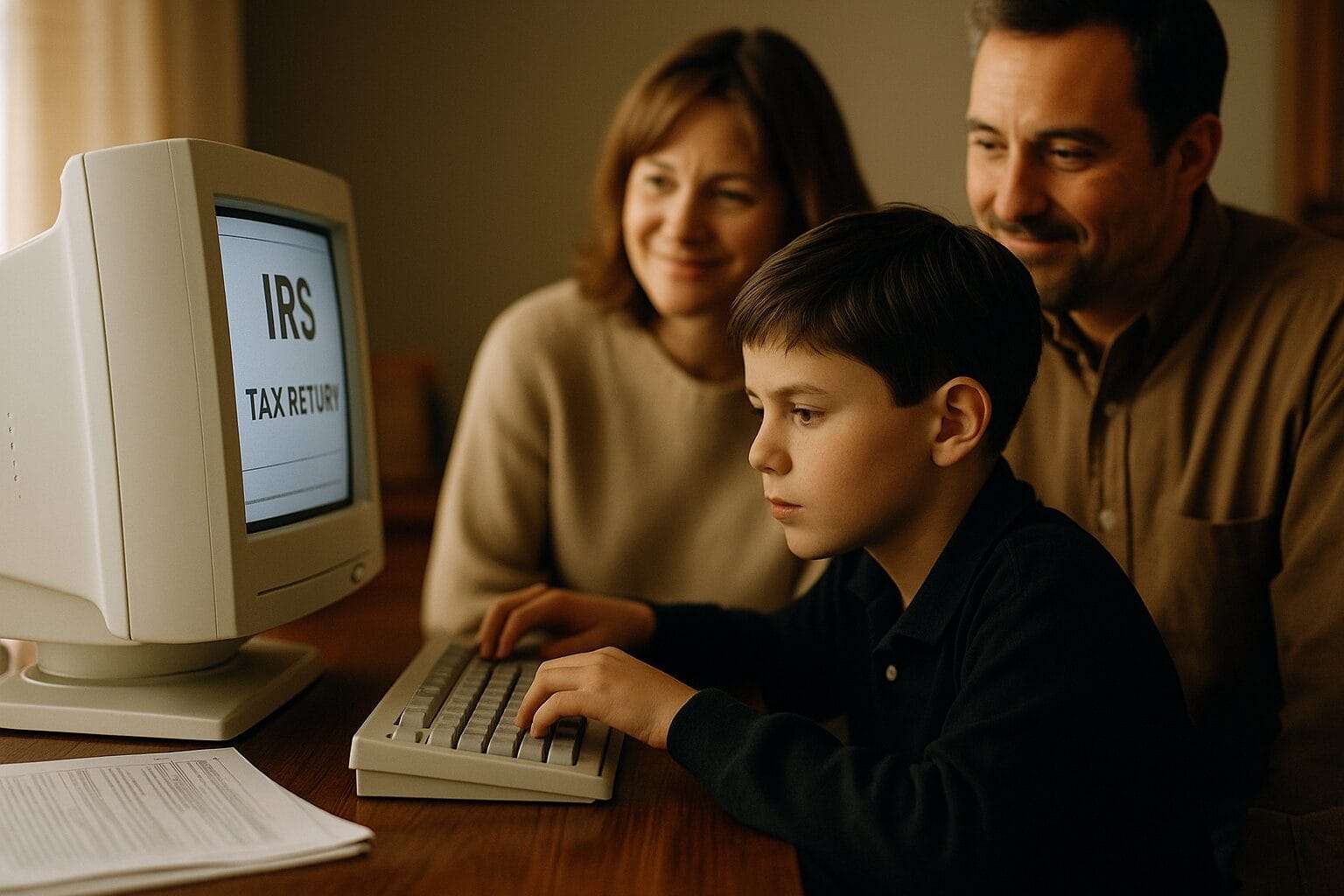 Young boy doing parents tax return on computer while parents watch calmly late 1990s