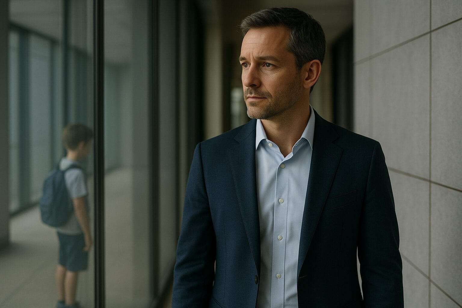 Professional man in a modern office corridor with a faint reflection of his younger self, symbolizing how childhood experiences shape adult patterns.