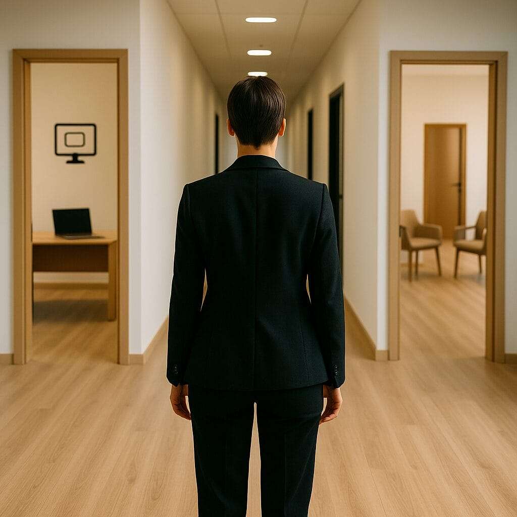 Professional standing at hallway fork deciding between virtual and in-person coaching.