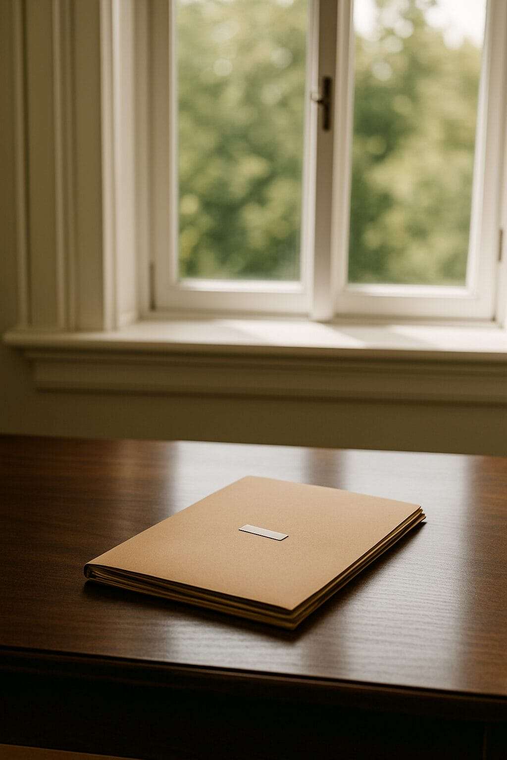 Closed file folder on polished desk with open window and daylight symbolizing closure and fresh air