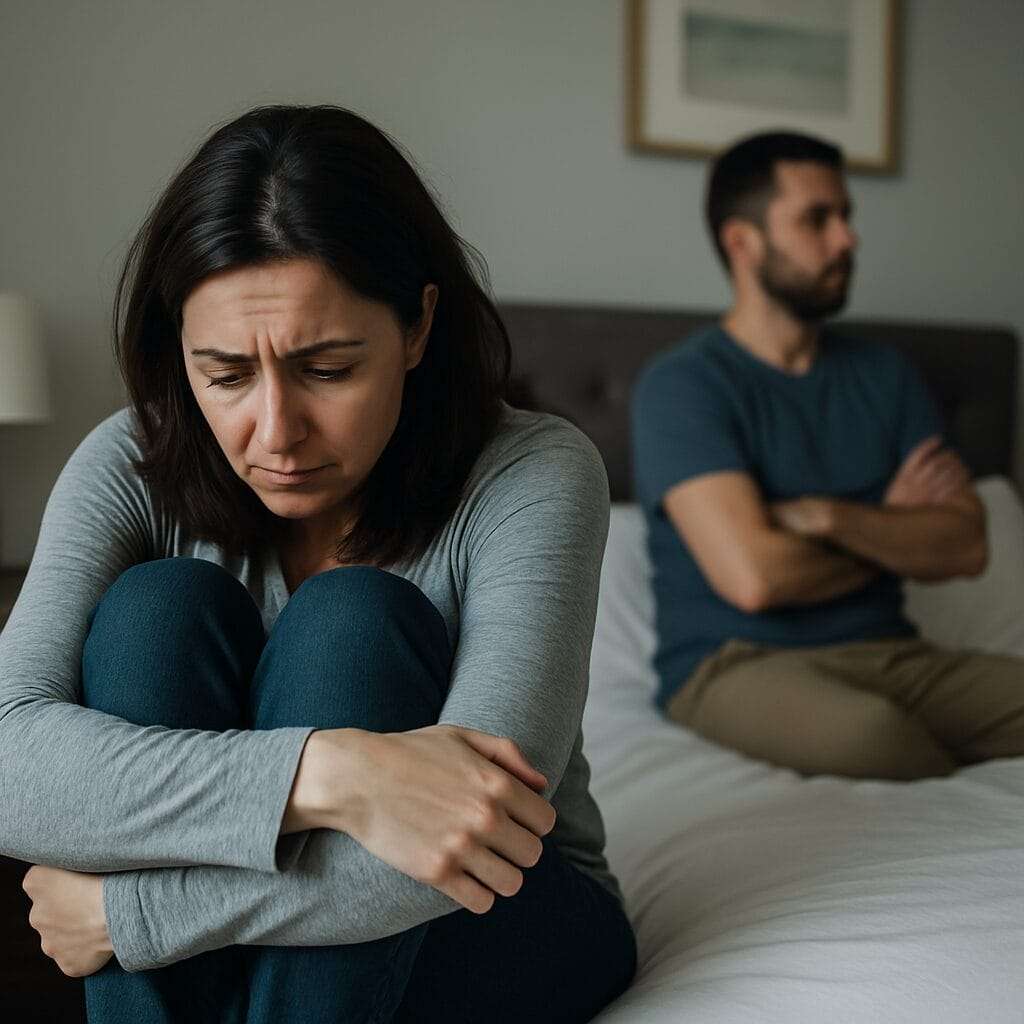 Distressed woman curled inward on the edge of a bed while her partner sits turned away in the background—illustrating the emotional tension and isolation of a codependent relationship.