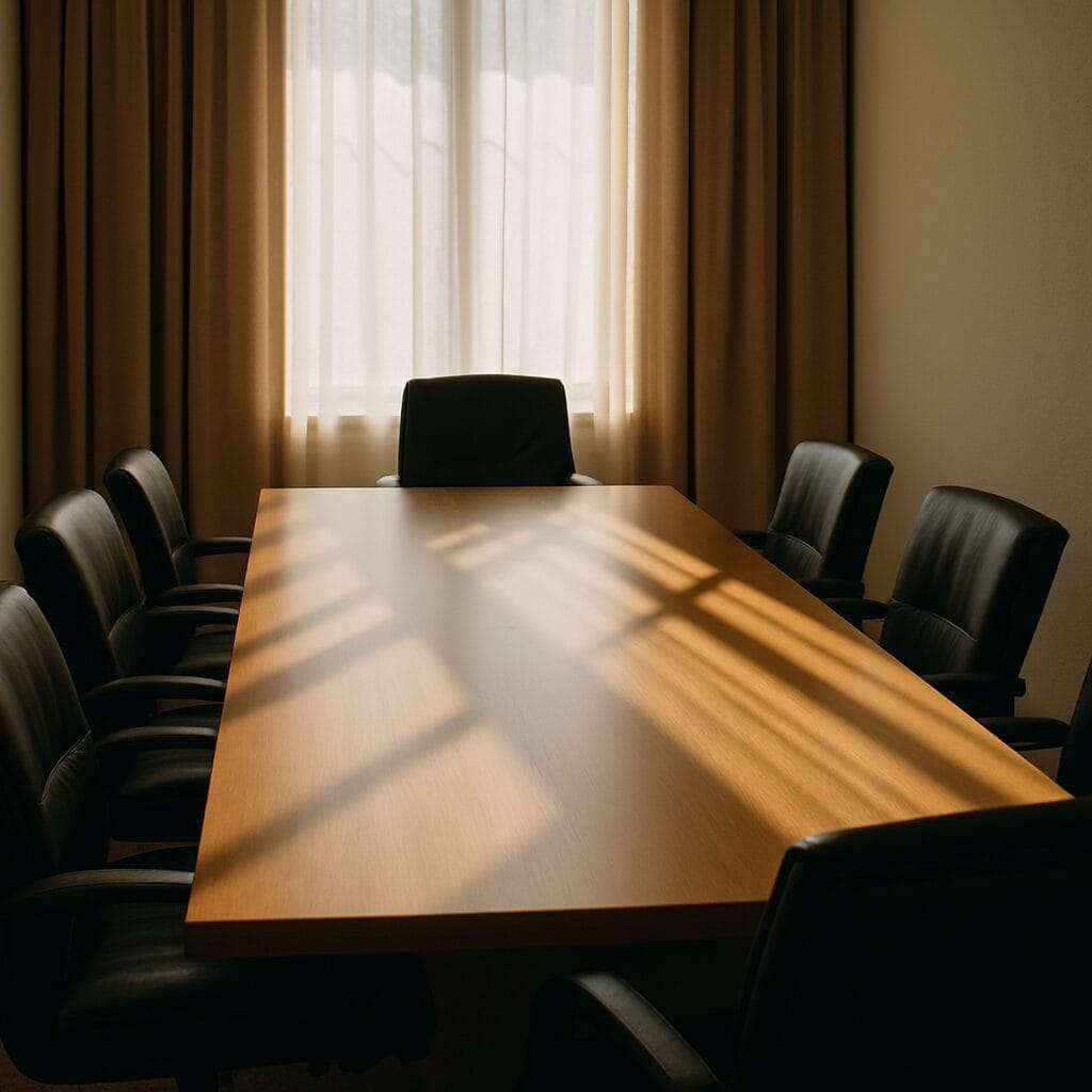 A sunlit, empty conference room with a long wooden table and a single chair pulled out—symbolizing leadership after emotional misuse, solitude, and a pause before rebuilding trust.