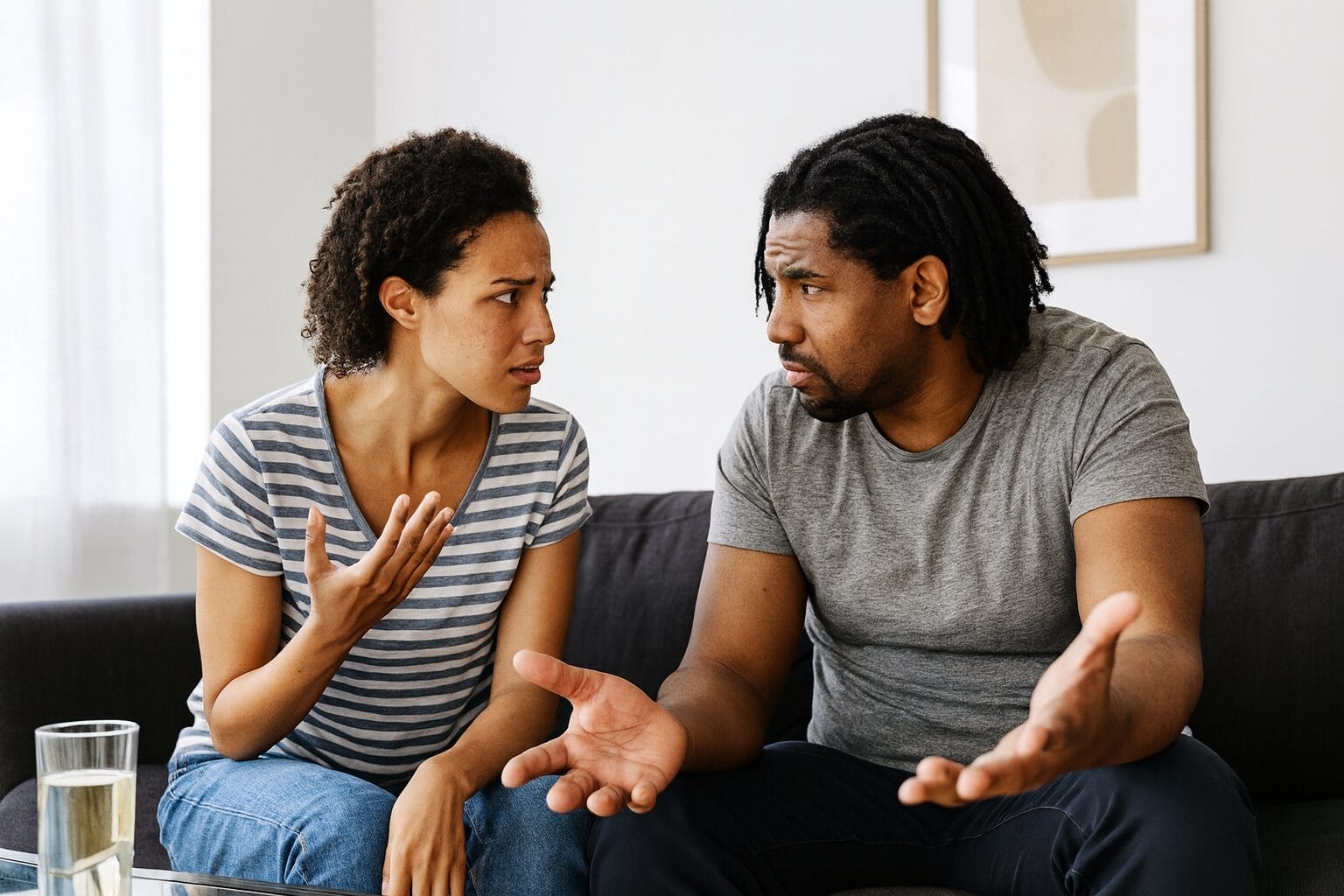 African American couple in tense conversation on the couch, showing emotional discomfort and relational strain