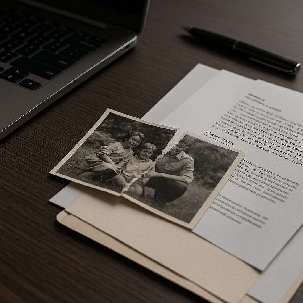 Torn childhood photo partly hidden under business papers on modern desk.