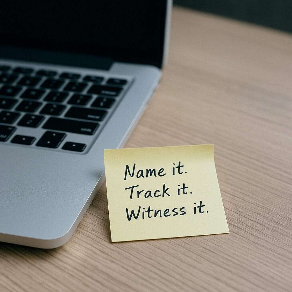 Sticky note on laptop with handwritten reminder.