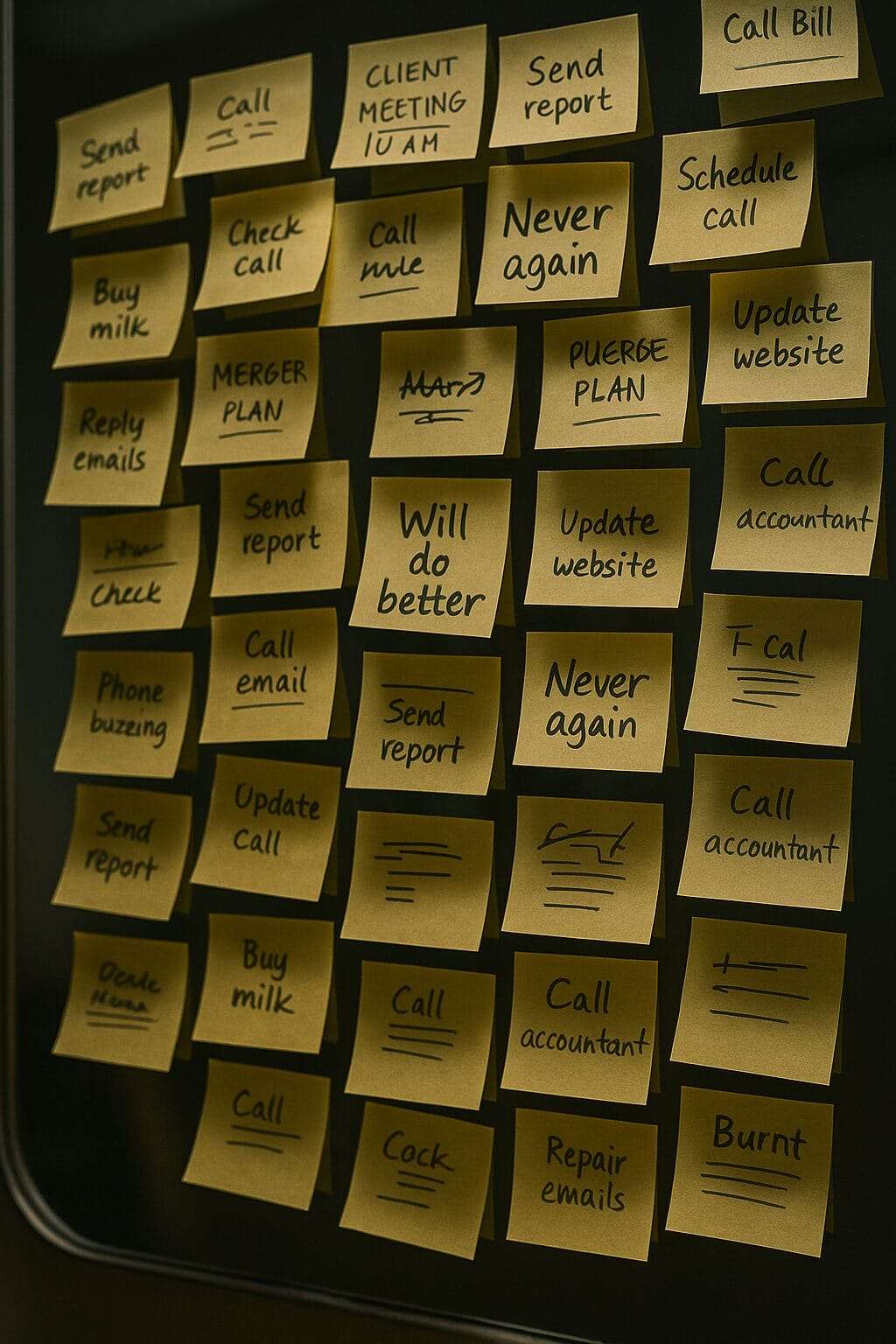 Mirror covered with overlapping sticky notes, including handwritten reminders like “Will do better,” “Never again,” and “You can fix this.”