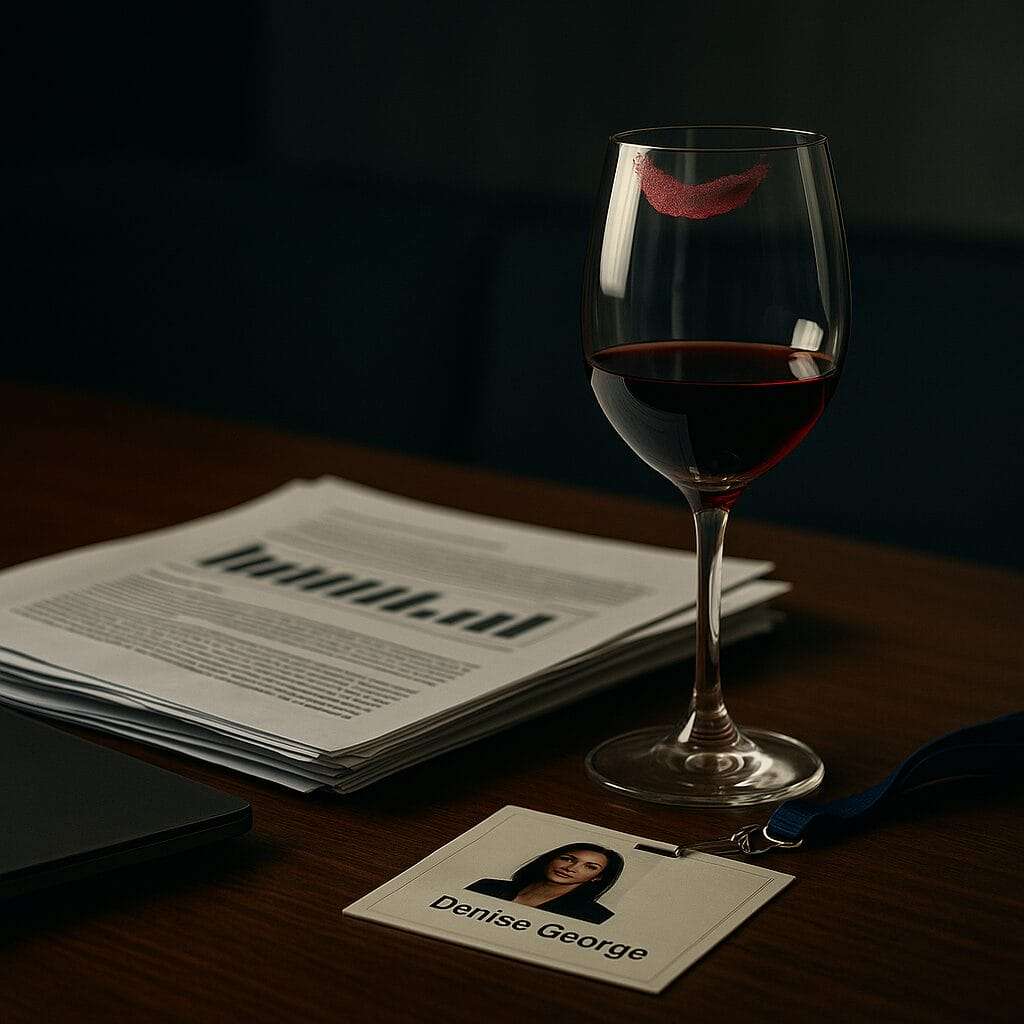 Half-filled wine glass with lipstick stain next to corporate ID badge labeled “Denise George” on a luxury desk with reports.