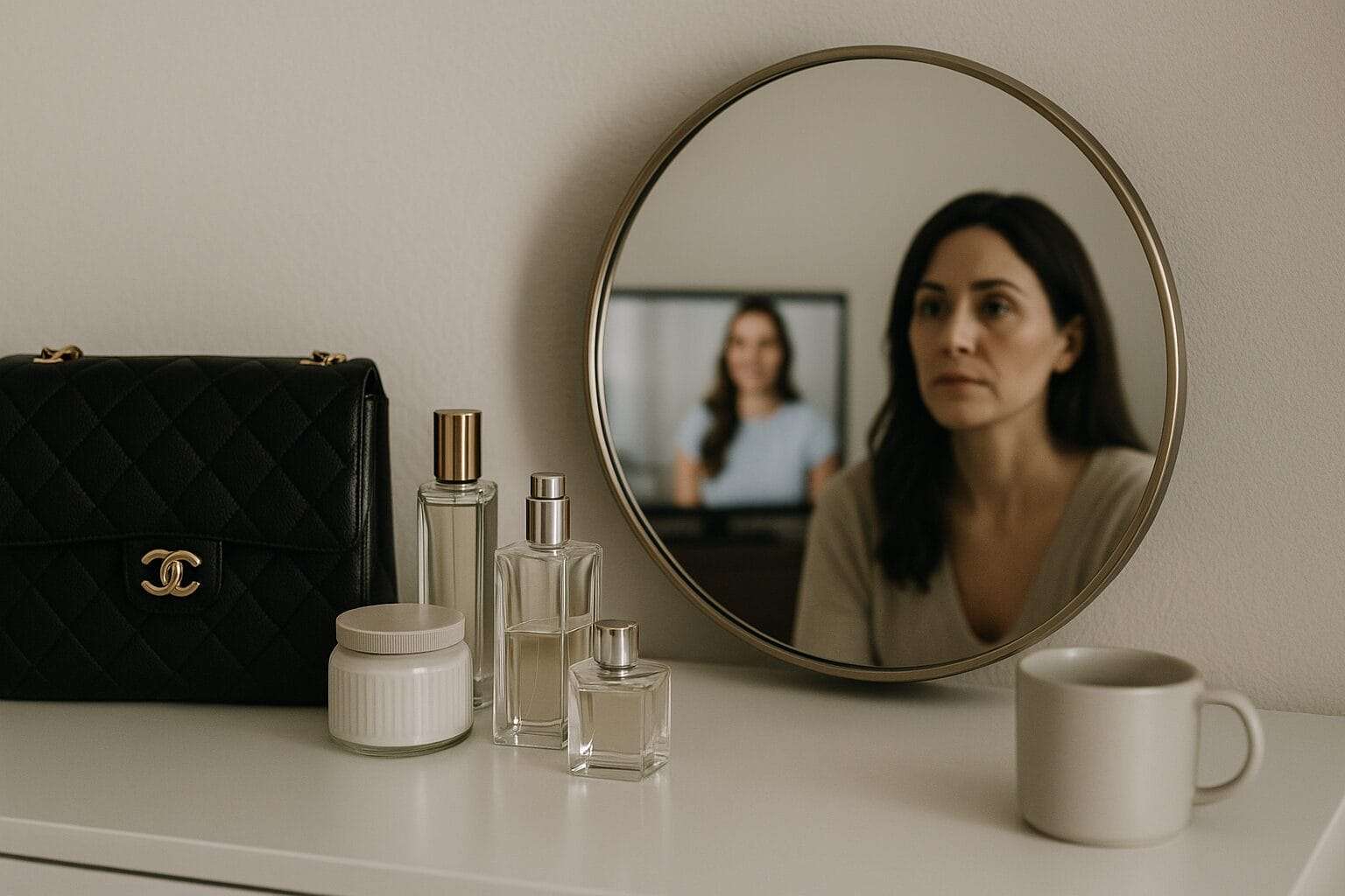 Minimalist vanity with designer bottles and a round mirror, no person in view, hinting at a hollow curated identity.
