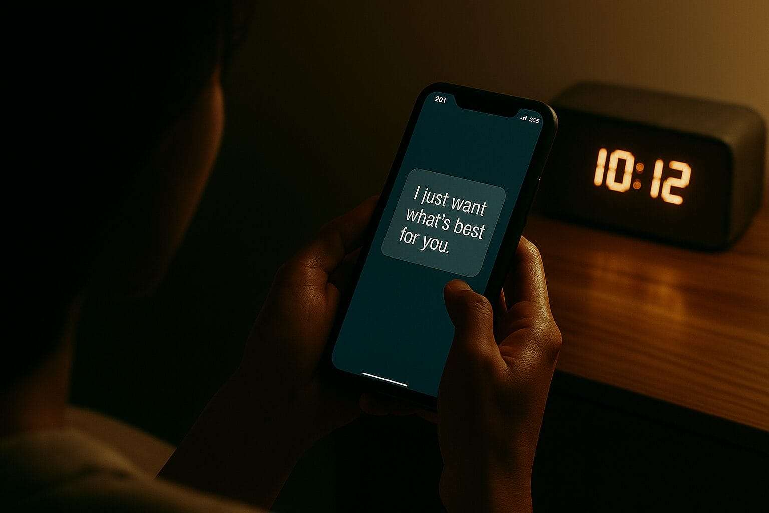 Person reading a text message that says “I just want what’s best for you,” signaling emotional manipulation and confusion late at night