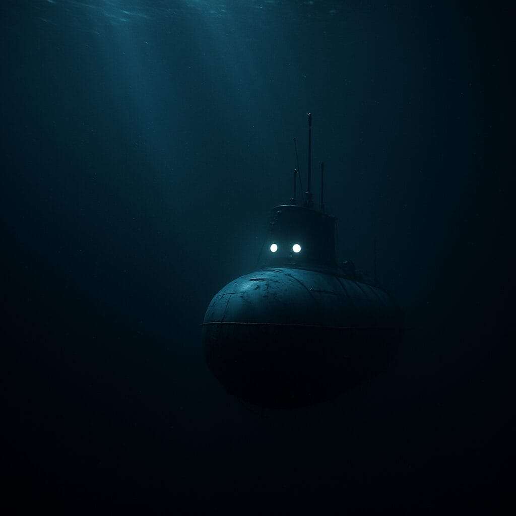 Vintage submarine submerged in dark ocean depths with glowing portholes and beams of light cutting through the water.