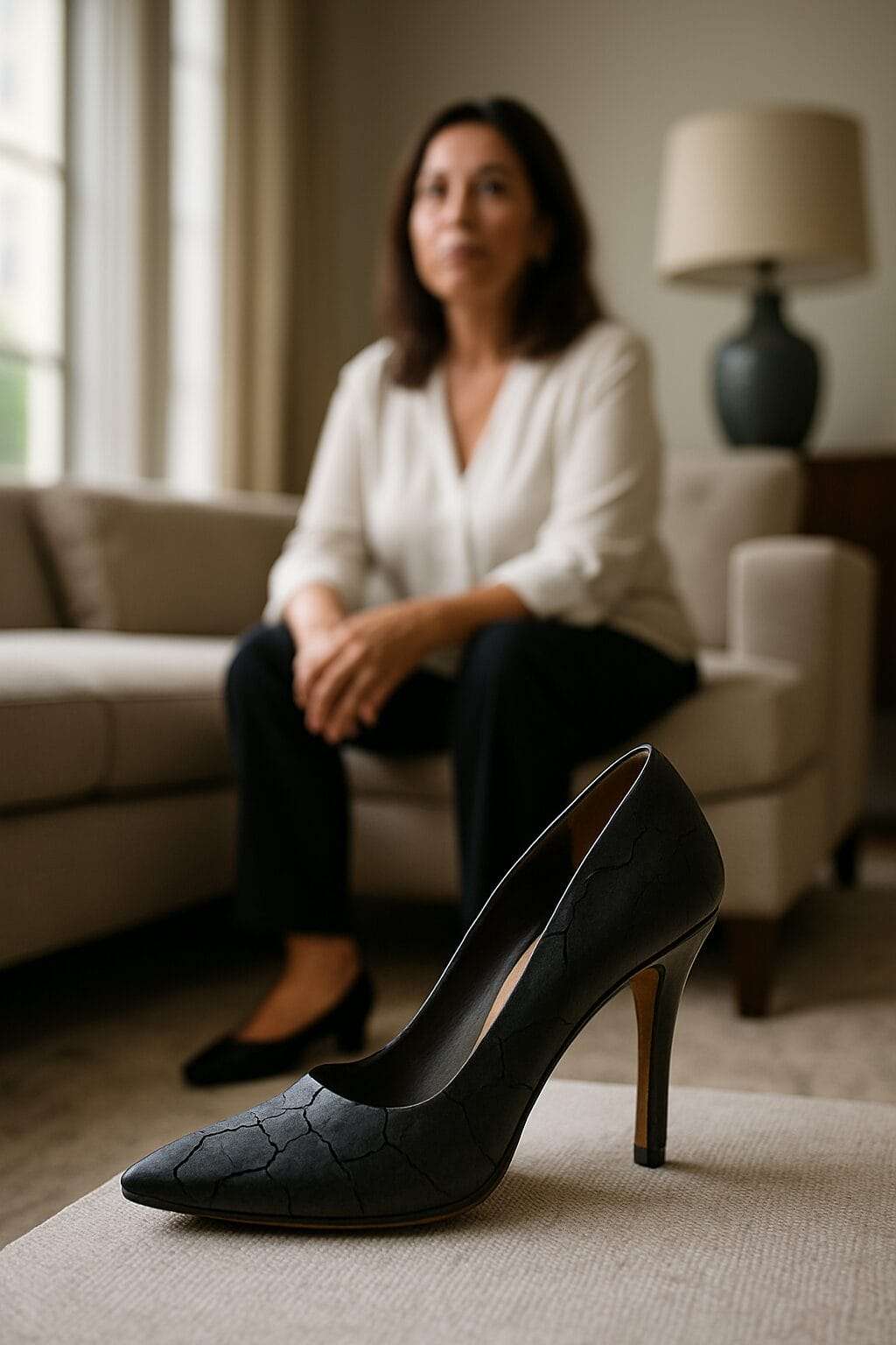 Cracked black high heel on the floor of a luxury living room, symbolizing identity loss, with a blurred Latina woman in her 50s standing in the background