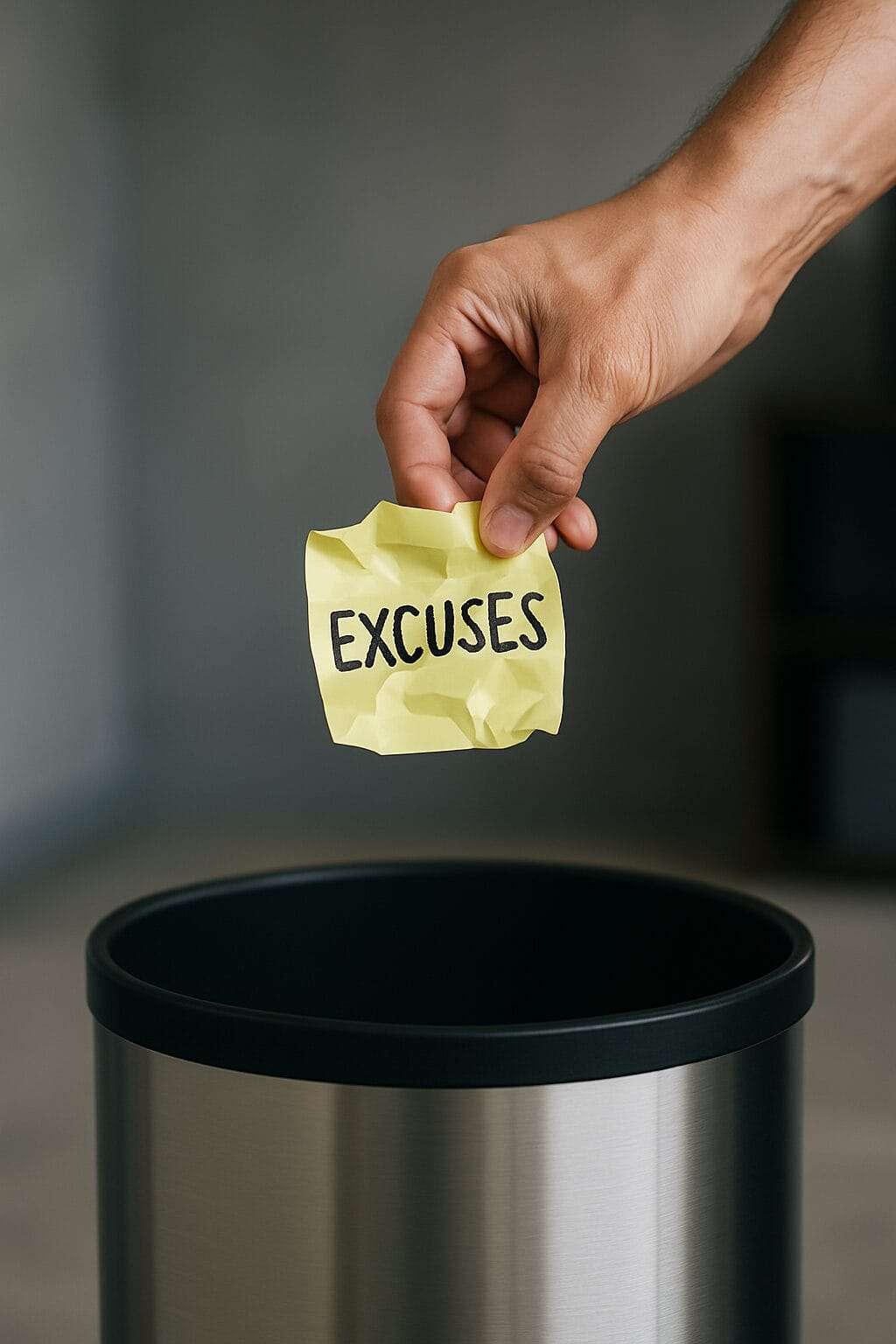 A close-up of a Caucasian hand holding a crumpled yellow sticky note with the word “EXCUSES” over a sleek modern trash can, symbolizing a leader’s decision to drop old excuses and face hidden distortions.