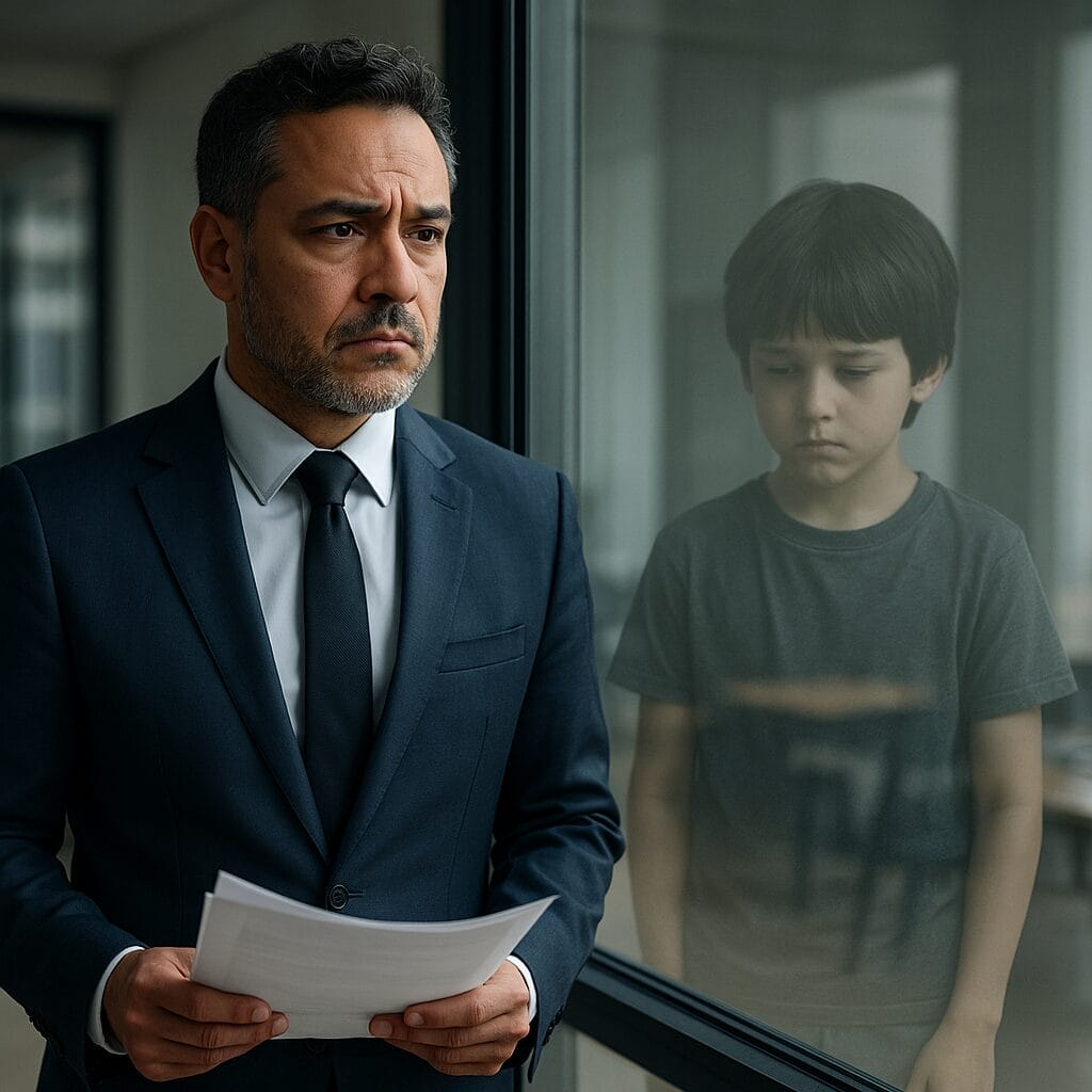 Business leader staring at reflection of childhood self, symbolizing family patterns influencing leadership.