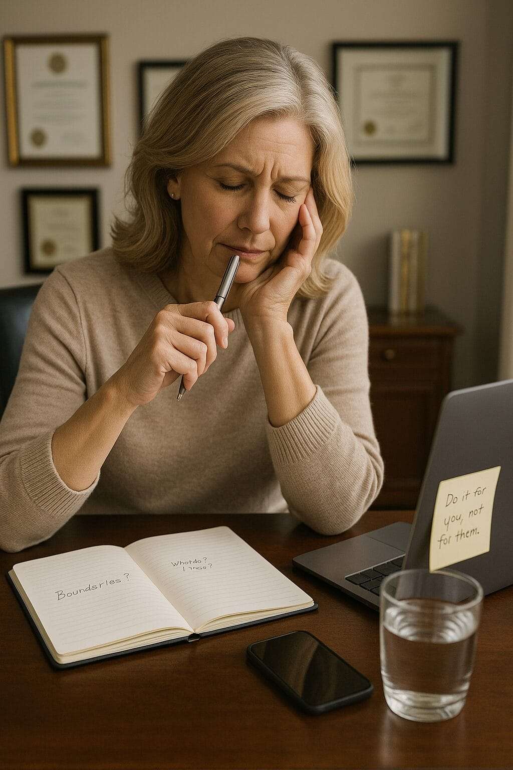 Mature woman in luxury office doing emotional prep work before calling an estranged family member — journaling boundaries and intentions.