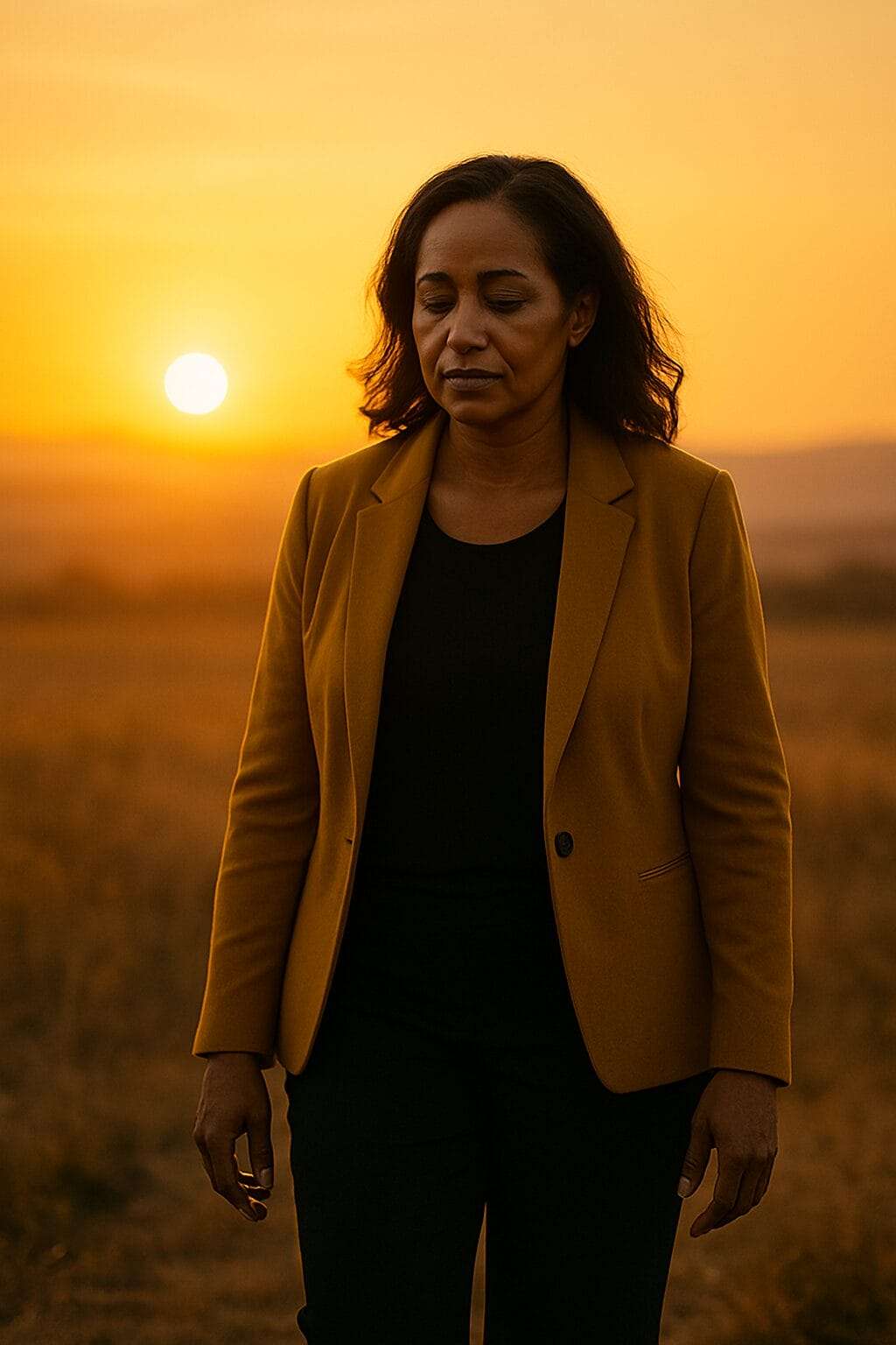Black Latina leader in her mid-40s walking through a golden sunset field, symbolizing emotional growth and clarity after transformation.