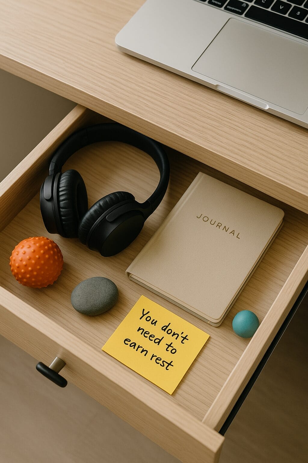 Open desk drawer with journal, headphones, grounding tools, and a sticky note reading “You don’t need to earn rest”—symbolizing emotional sobriety for high-functioning leaders.
