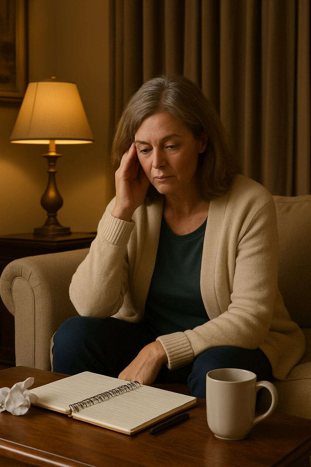 A middle-aged white woman sits thoughtfully in a warmly lit luxury living room, gazing at an open journal on the table, with a mug and tissue nearby—capturing a quiet moment of emotional reflection.
