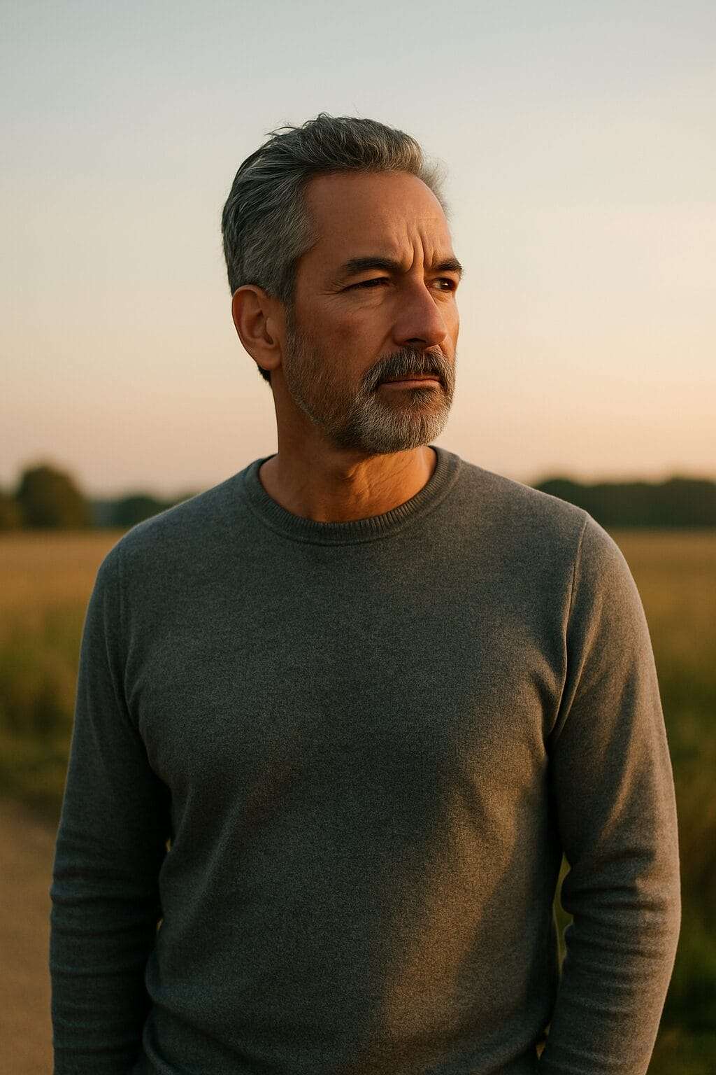 A reflective middle-aged man stands calmly in the golden light—steady, present, and grounded in emotional clarity after the storm.