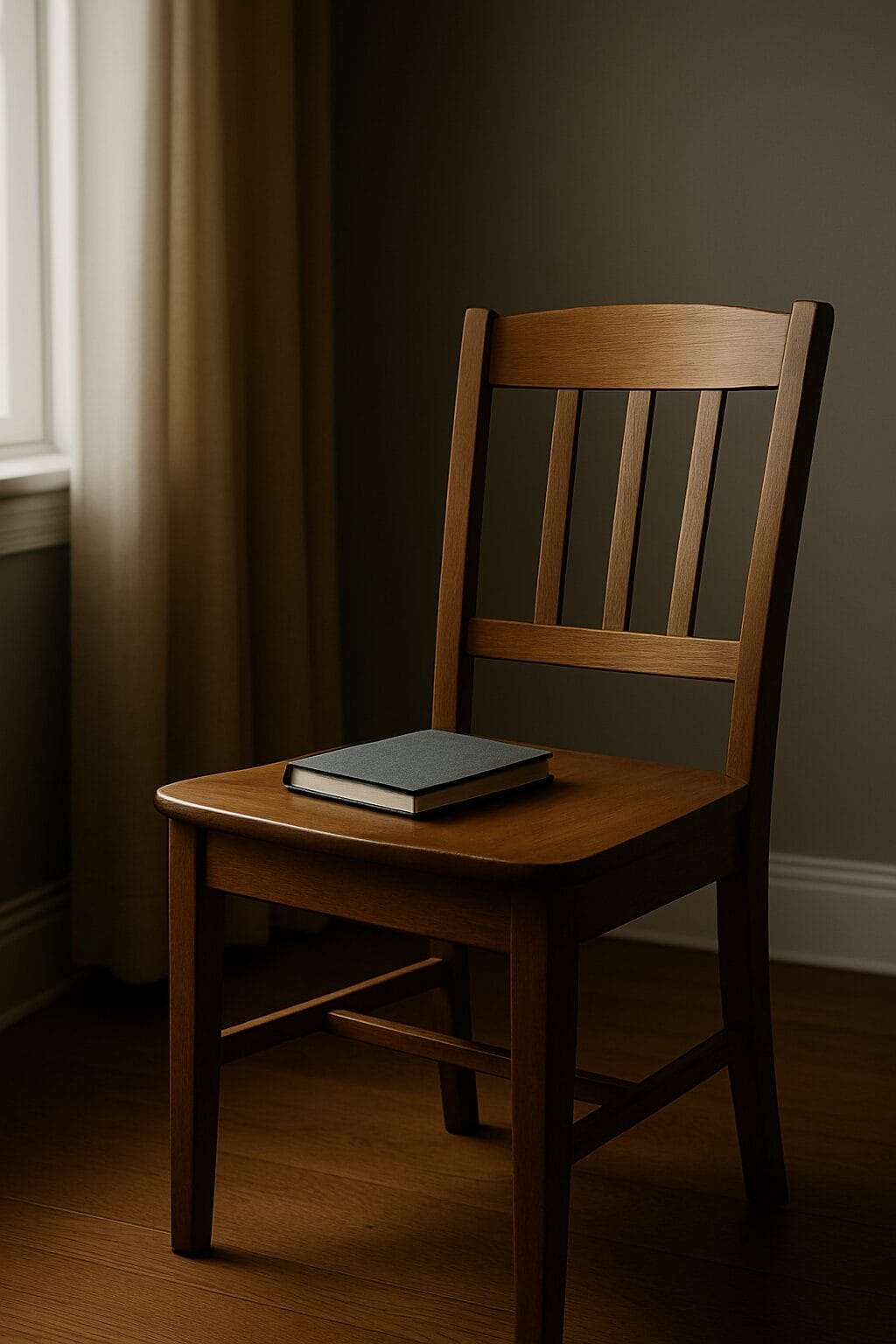 A simple empty wooden chair with a notebook on the seat in a softly lit room with daylight pouring in — symbolizing the invitation to sit, reflect, and face the truth.