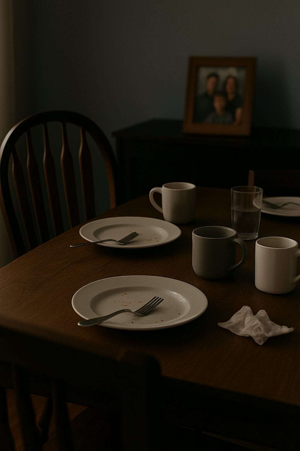 A dining table set for a family — but one chair noticeably pushed far back, or empty while others have plates, cups, a bit of mess. A faint family photo or framed portrait blurred in the background — suggesting a family was there, but the emptiness is louder than the meal.