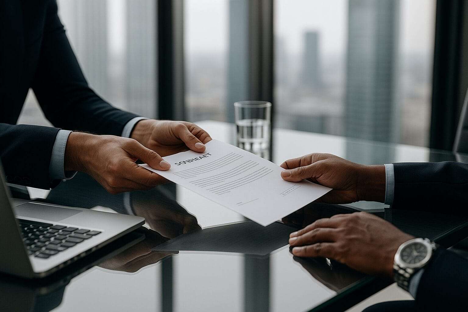 Executive hands exchanging a signed coaching contract at a modern glass boardroom table.