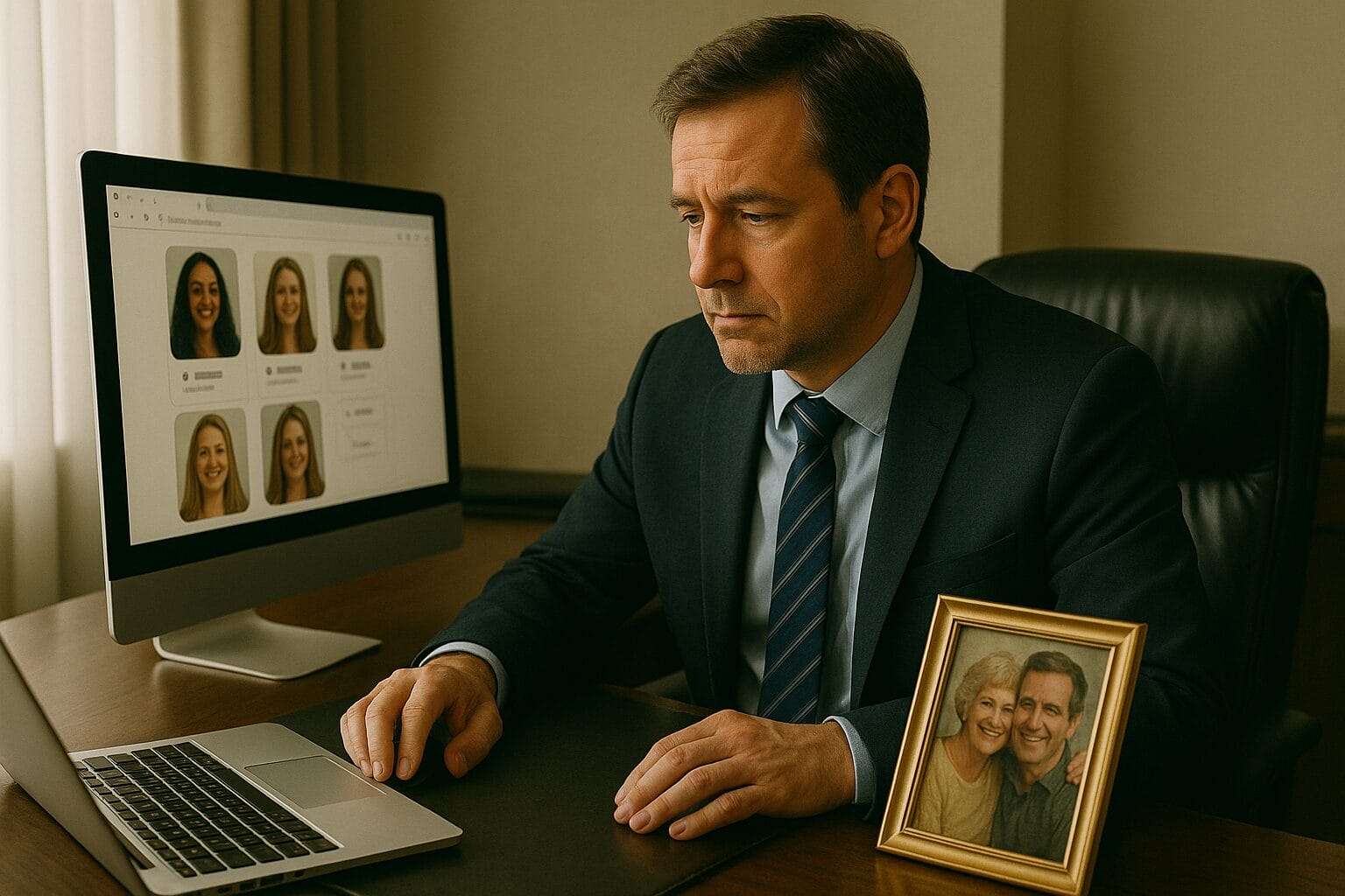 Middle-aged executive man staring at a photo of his mother while browsing dating profiles, caught between loneliness and emotional loyalty