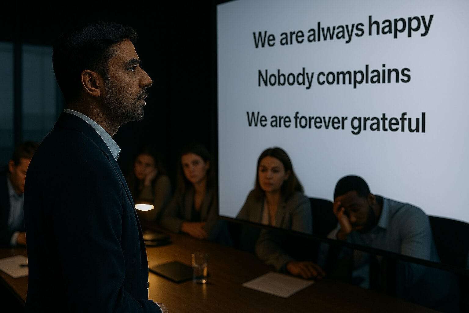 Indian male leader in his 40s stands at the front of a modern conference room beside a screen that reads “We are always happy, Nobody complains, We are forever grateful,” while his disengaged team looks bored and disconnected — symbolizing hidden groupthink and false consensus.