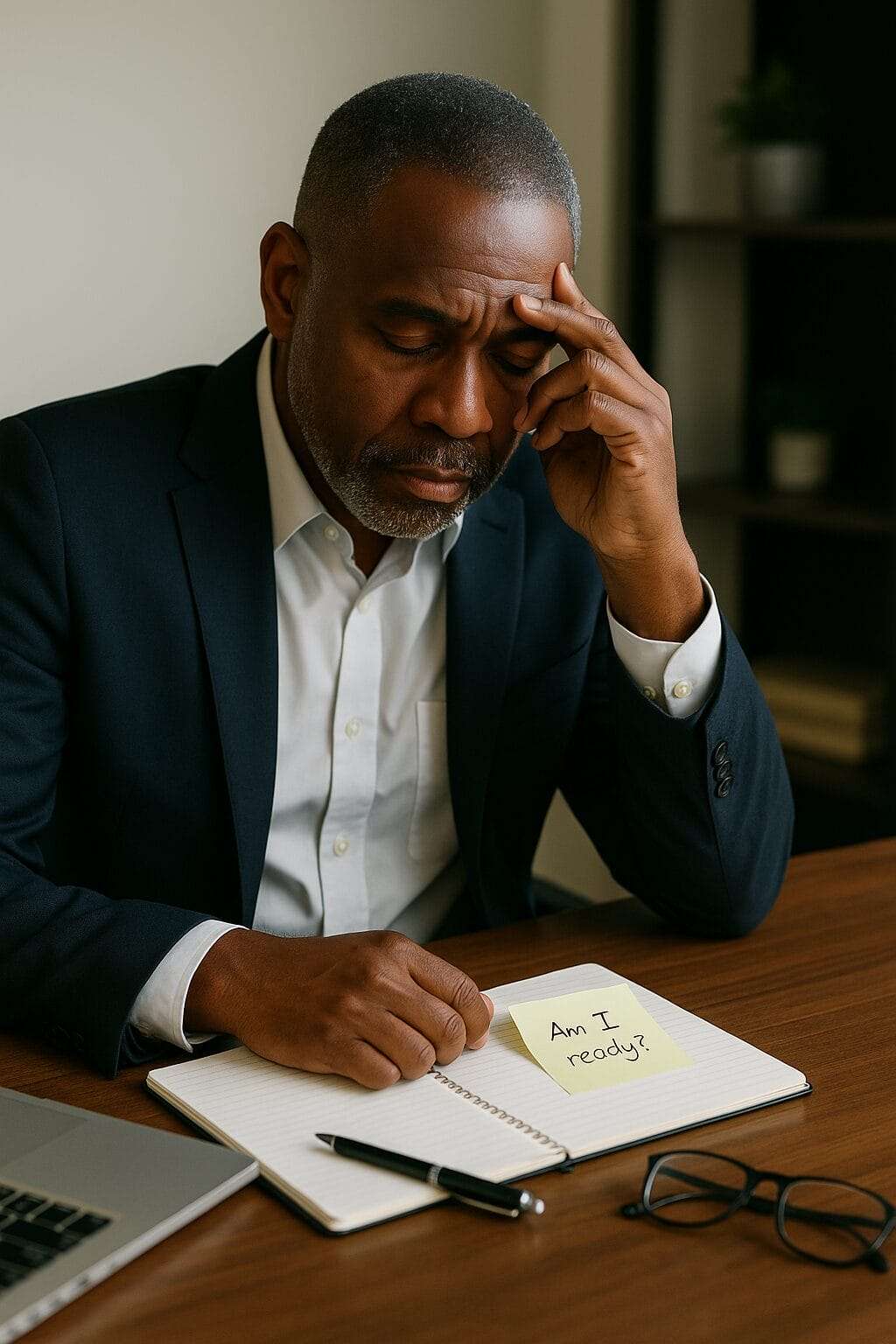 Middle-aged Black man in office suit reflecting at desk with sticky note reading ‘Am I ready?’ — symbolizing the moment a leader admits they’re not fine anymore.