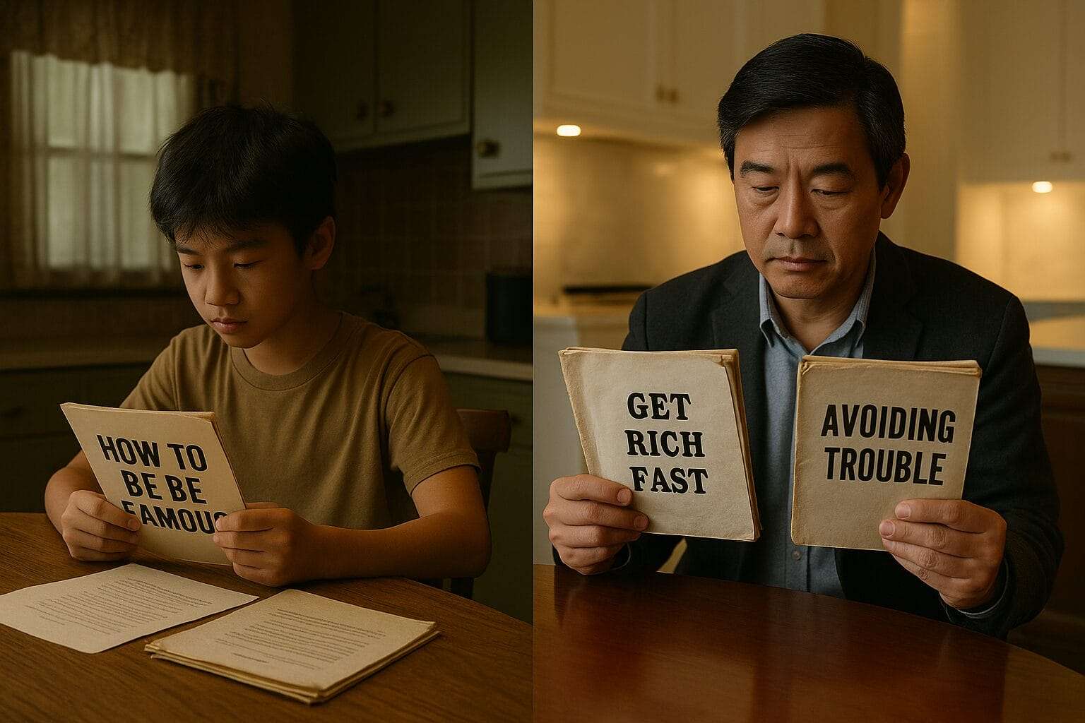 Side-by-side image of an Asian boy reading self-help scripts in a 1970s-style kitchen and the same man, decades later, in a luxury kitchen still holding those same scripts—tired but compliant.