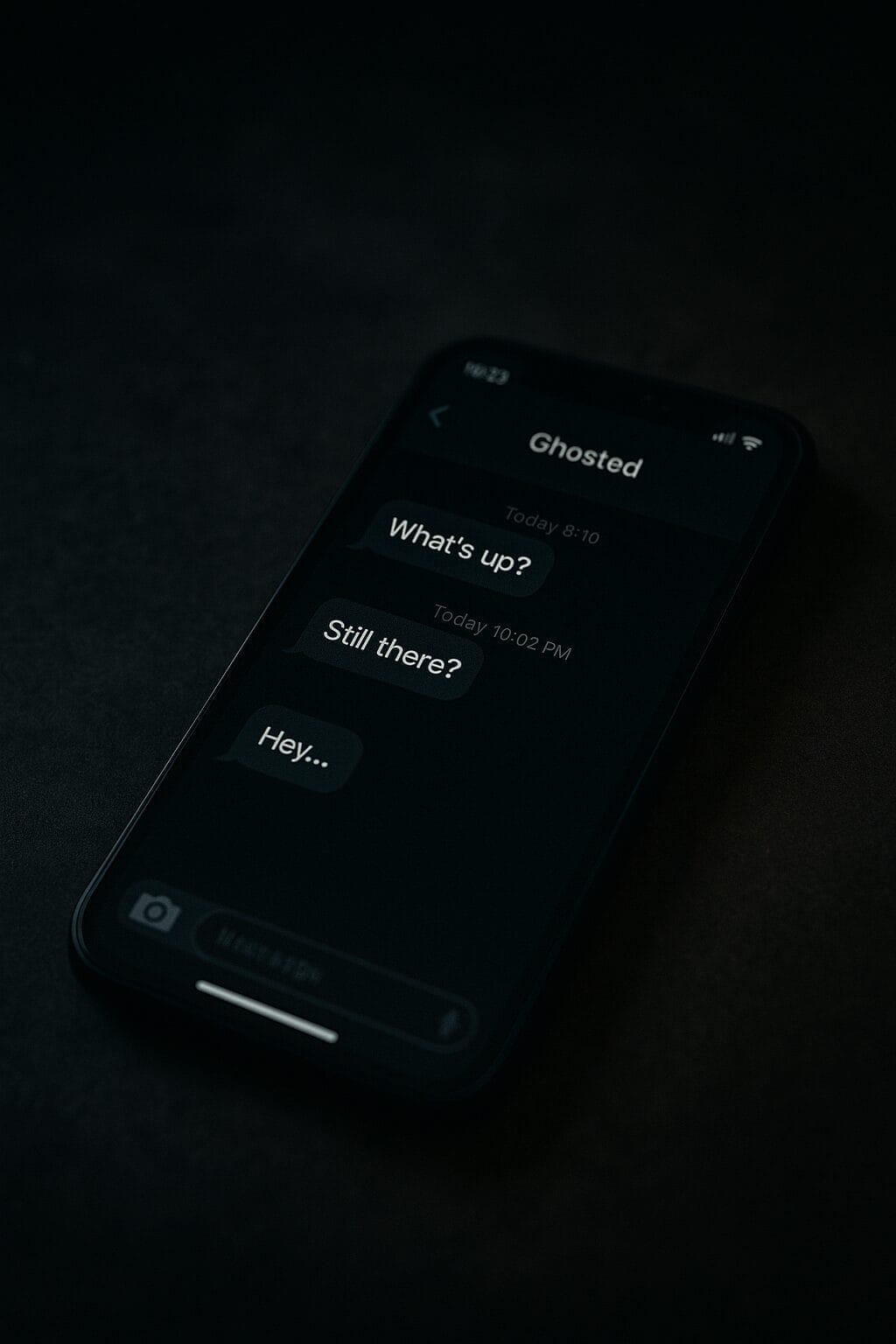 Dimly lit smartphone showing unread ghosted messages on a dating app screen, symbolizing emotional unavailability.