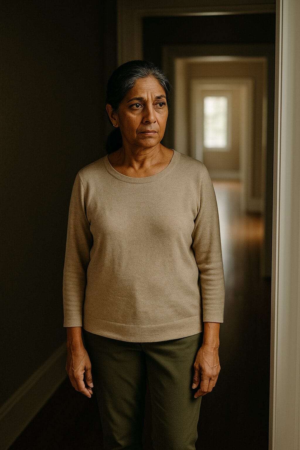Middle-aged South Asian woman standing still in a quiet, well-lit hallway, symbolizing emotional pause, identity transition, and the void between old and new selves