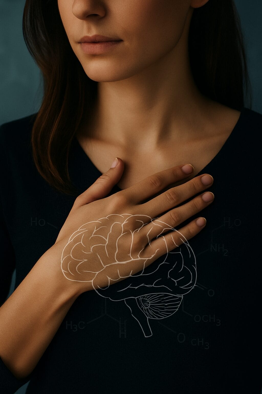 Woman with hand on chest, overlaid with a transparent brain illustration, symbolizing the connection between emotional pain and neurological wiring